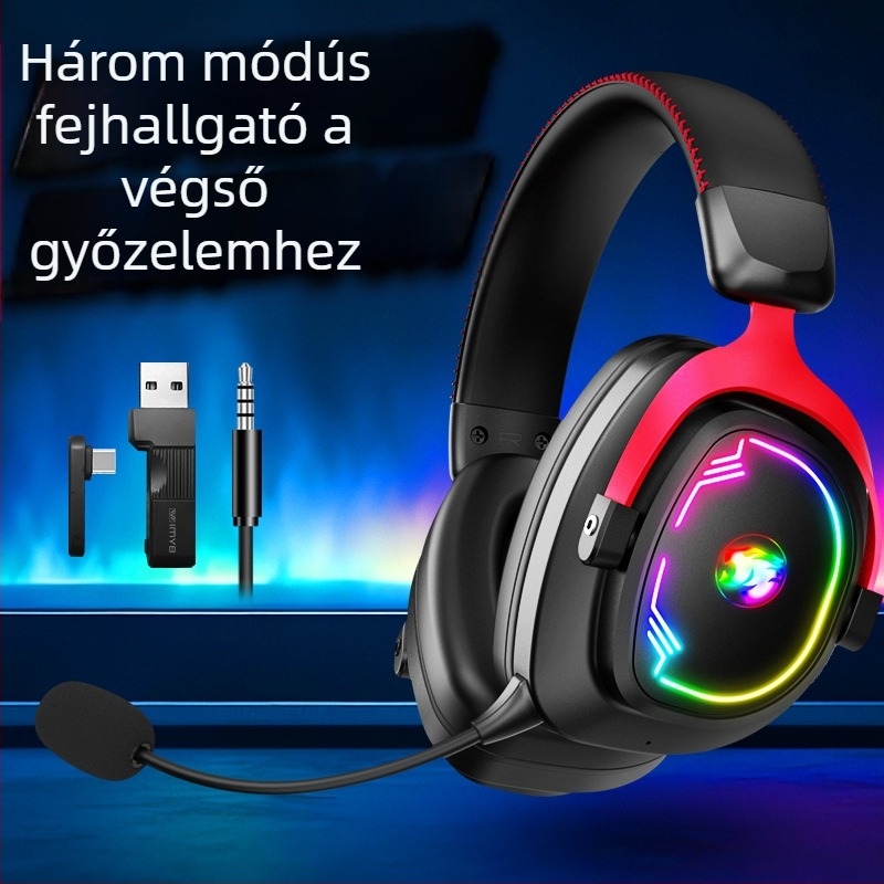 Vezeték nélküli hárommódos fejhallgató játékokhoz, kivehető mikrofonnal, USB csatlakozás, 50 mm hangszórók, Bluetooth 2.4G PC-hez