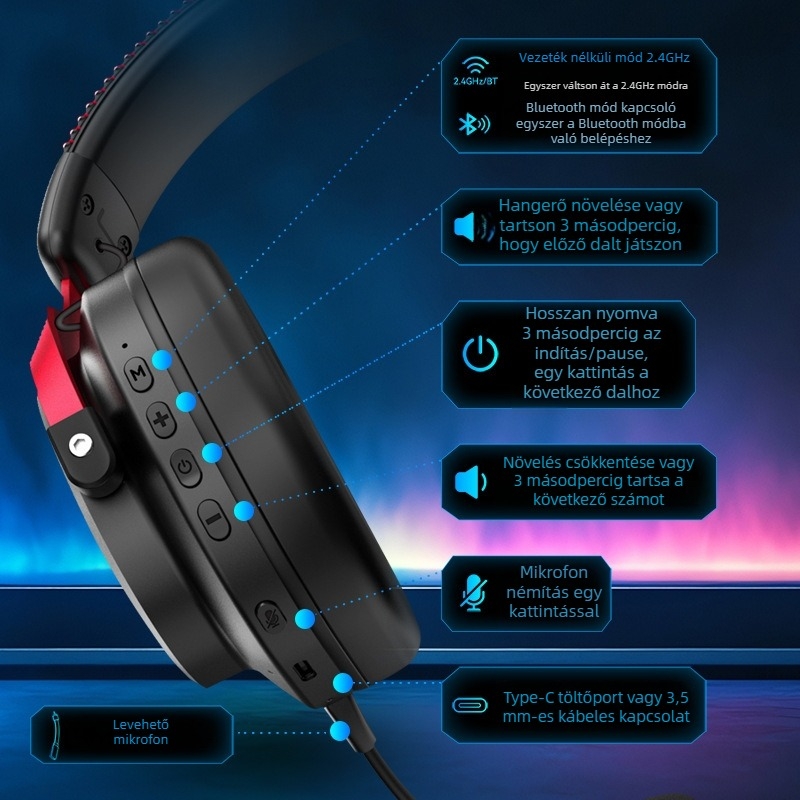 Vezeték nélküli hárommódos fejhallgató játékokhoz, kivehető mikrofonnal, USB csatlakozás, 50 mm hangszórók, Bluetooth 2.4G PC-hez