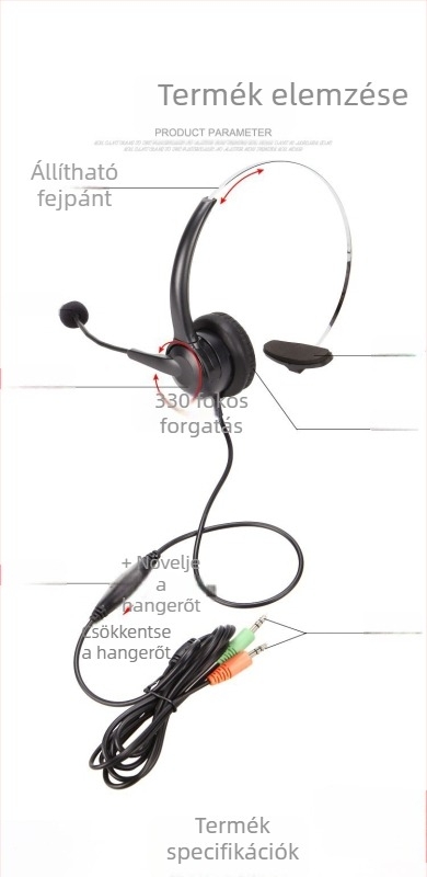Vezetékes fejhallgató mikrofonnal PC-hez, fejre illeszkedő, duál 3,5 mm-es csatlakozó, 20–20000 Hz, 32 Ω
