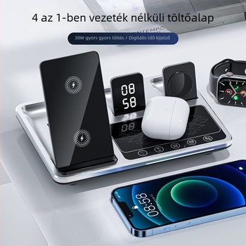 Öt az egyben összecsukható vezeték nélküli töltőállvány automata érzékeléssel telefonhoz, órához és fejhallgatóhoz — ABS, asztali használat, univerzális