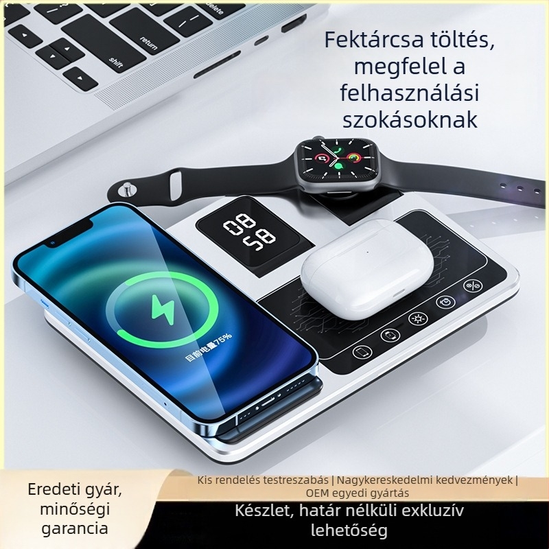 Öt az egyben összecsukható vezeték nélküli töltőállvány automata érzékeléssel telefonhoz, órához és fejhallgatóhoz — ABS, asztali használat, univerzális