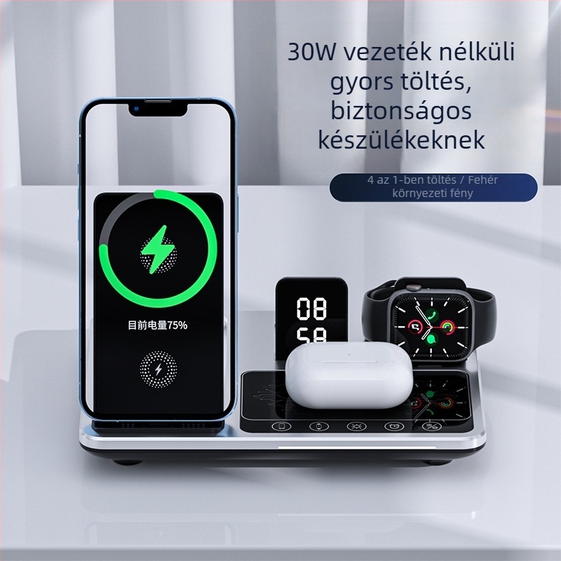 Öt az egyben összecsukható vezeték nélküli töltőállvány automata érzékeléssel telefonhoz, órához és fejhallgatóhoz — ABS, asztali használat, univerzális