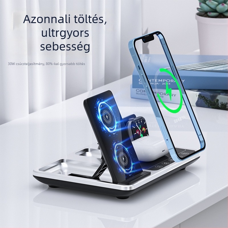 Öt az egyben összecsukható vezeték nélküli töltőállvány automata érzékeléssel telefonhoz, órához és fejhallgatóhoz — ABS, asztali használat, univerzális