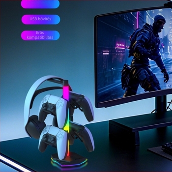 PS5 kontrollert és fejhallgatót tartó állvány Tuolang USB interfésszel, ABS anyaggal és RGB környezeti fénnyel