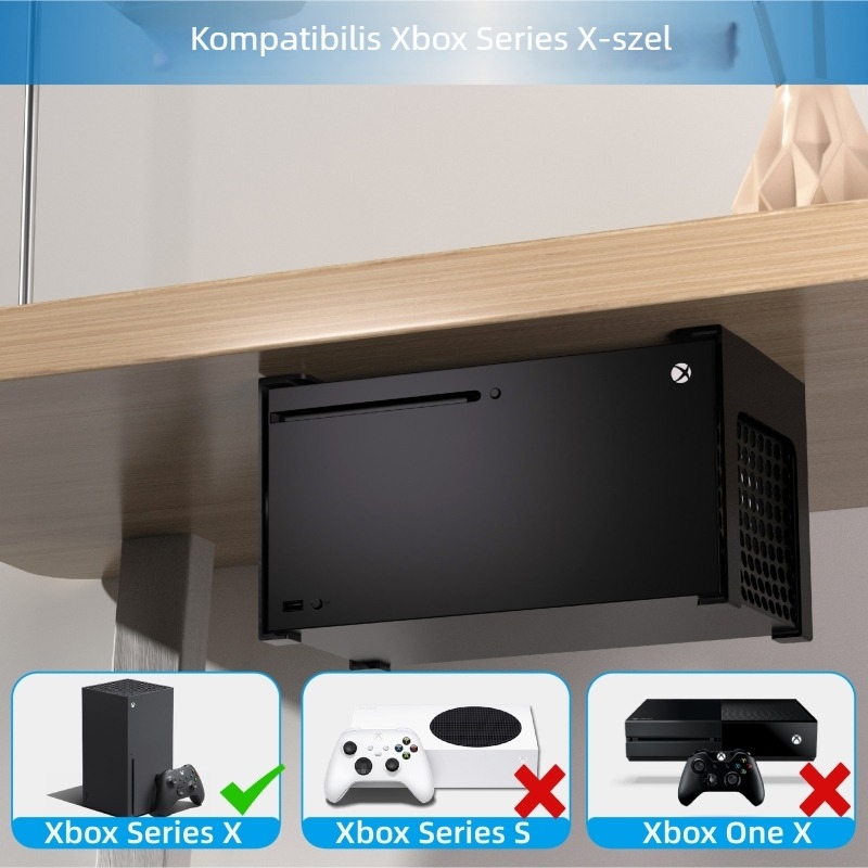 Fémből készült tartó Xbox Series X-hez – dupla funkció: asztal alatti és falra szerelhető, fejhallgató tartó, anyag: vas, tömeg 850 g