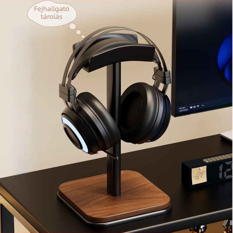 Tömörfa fejhallgató állvány asztali használatra, tároló funkcióval — Modell 2297270835714294016