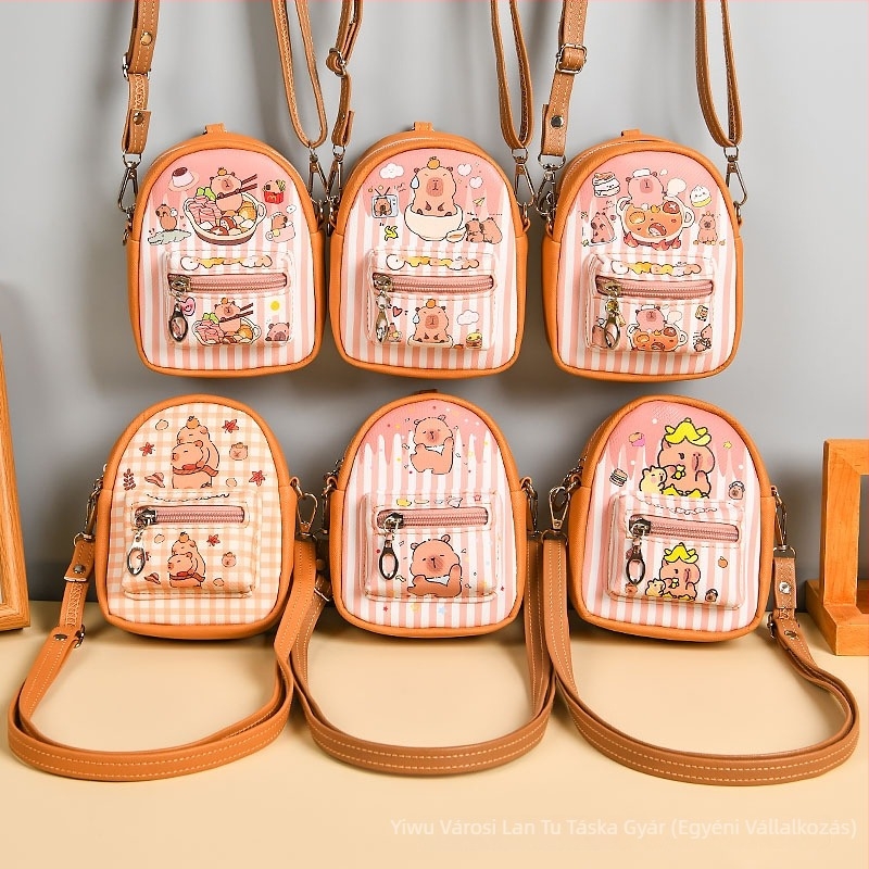 Kapibala Mini keresztpántos táska – Anime mintás, Gyerekes stílus, PU anyag, Poliészter bélés, Könnyű