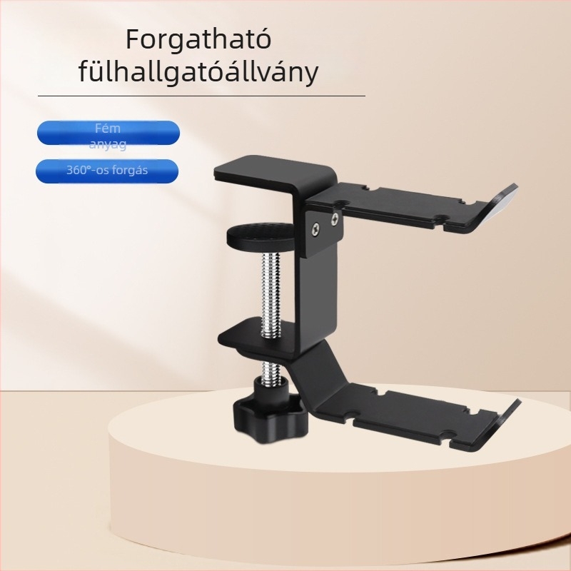 Asztali fejhallgatóállvány dupla kampóval, 360° forgás, fém konstrukció, fúrás nélküli
