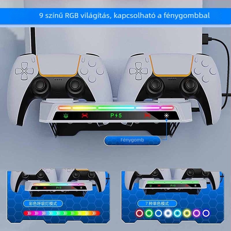 PS5 Slim/Host univerzális fali tartó és töltőállvány RGB világítással és fejhallgató-tartóval (Modell YZC-505)