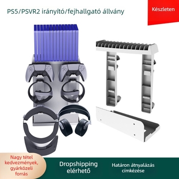 PS5 konzol tároló állvány PSVR2 kezelő-/fejhallgató tartóval és lemeztárolóval, falra szerelhető — ABS, tömeg 985 g