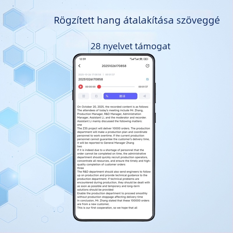 AI hangfelvevő toll szövegfelismeréssel és fordítással, MP3 felvevő és lejátszó, ultra hosszú készenléti idő, intelligens hangvezérlés és zajcsökkentés