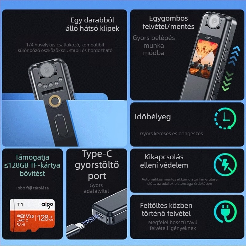 R5515 hangrögzítő videóval – WAV, 3,5 óra, USB 2.0, TF-kártya, beépített mikrofon