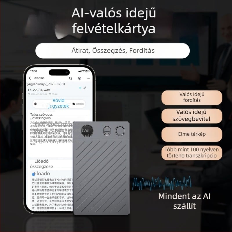 AI-alapú valós idejű fordító rögzítő kártya — Modell SHP60, egygombos rögzítés, MP3 formátum, 50 óra rögzítés