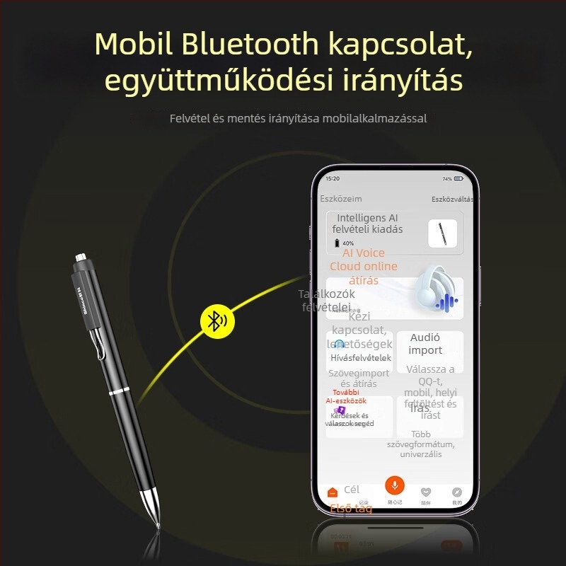 Shinco A06 AI toll alakú hangrögzítő Bluetooth és valós idejű fordítással, WAV felvétel, körülbelül 10 óra, USB 2.0