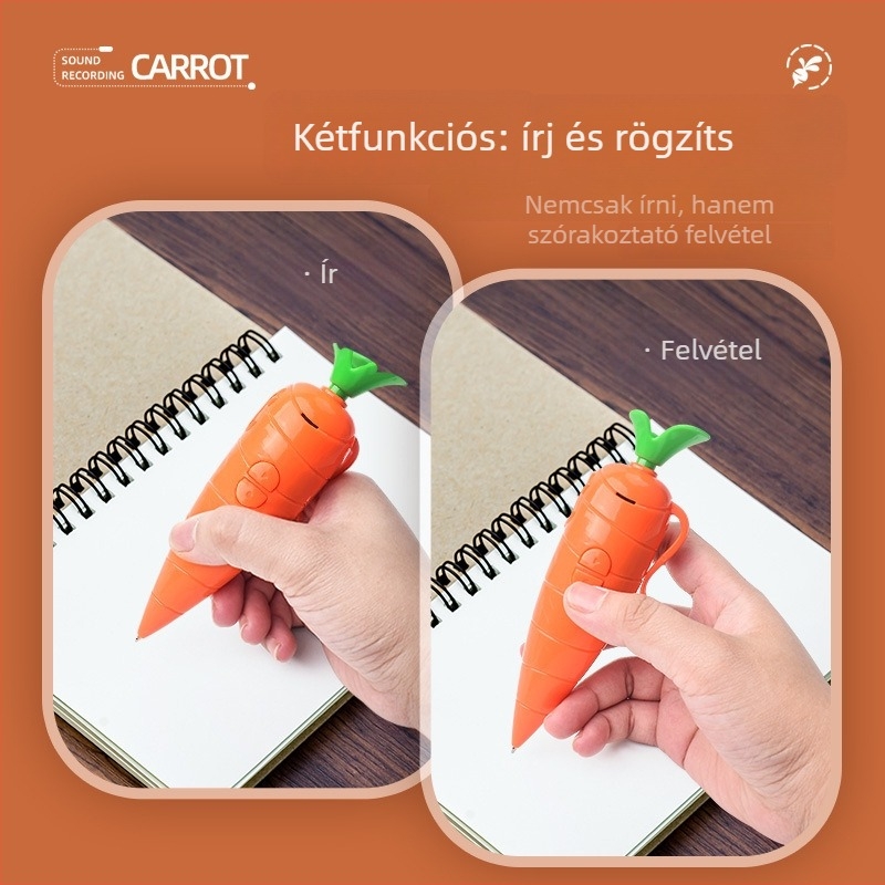 Sárgarépa alakú, többfunkciós hangrögzítő játék tollal, műanyag tokkal, OEM logó opció