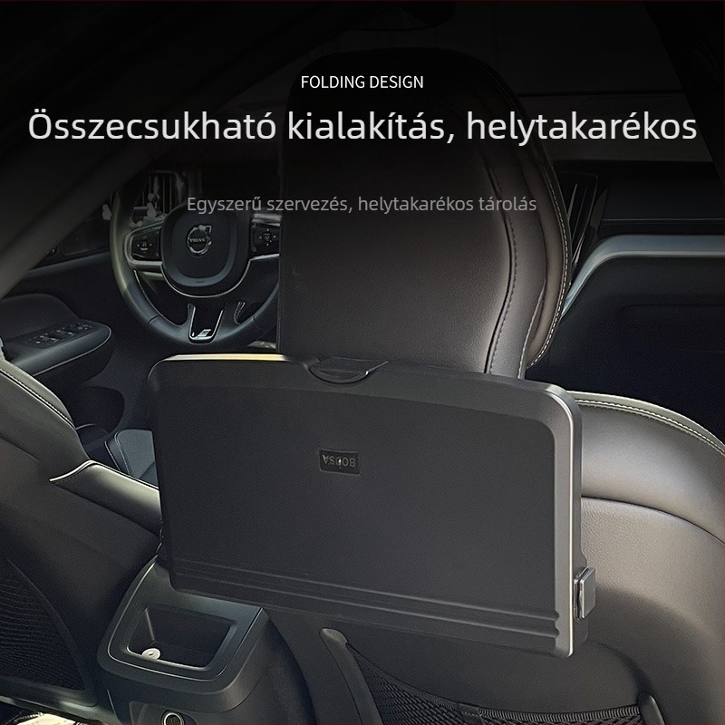 Autóhátsó üléshez kapcsolható összecsukható asztalka, telefontartó, pohártartó és tároló doboz — testreszabható