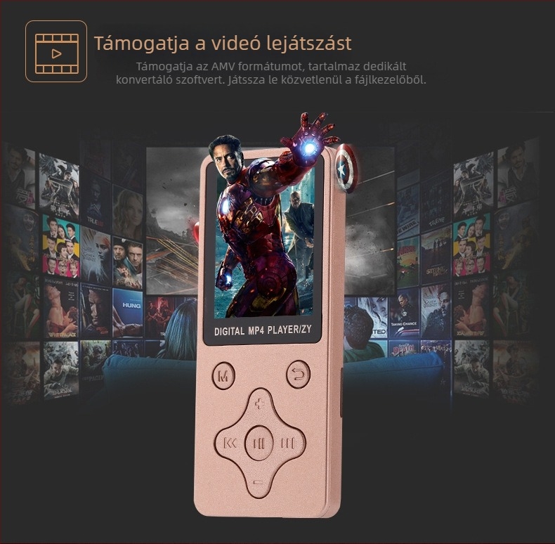 MP4 lejátszó HD kijelzővel, AMV videó, MP3/WMA hang, USB 2.0, TF-kártya támogatás