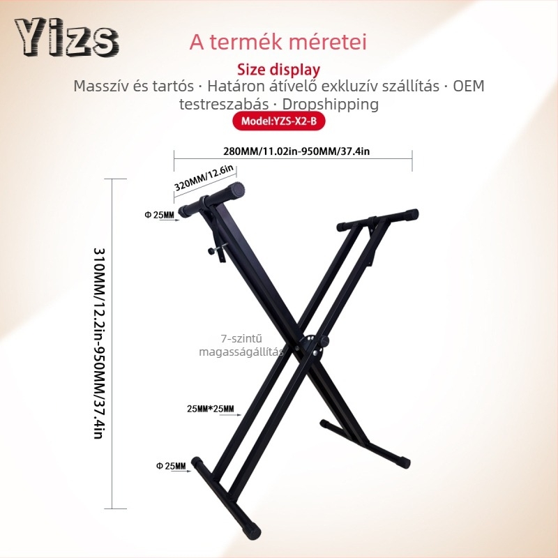 YZS-X2-B Galvanizált acél X-alakú, dupla cső zongorás állvány elektromos zongorához, kétszintes, kompatibilis 61 és 88 billentyűvel