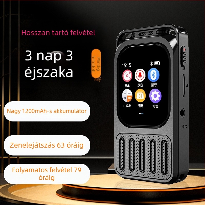 Hangrögzítő és MP3 lejátszó érintőképernyővel és Bluetooth-kapcsolattal, TF-kártya támogatás, 60 órás akkumulátor-élettartam, felvételi funkció