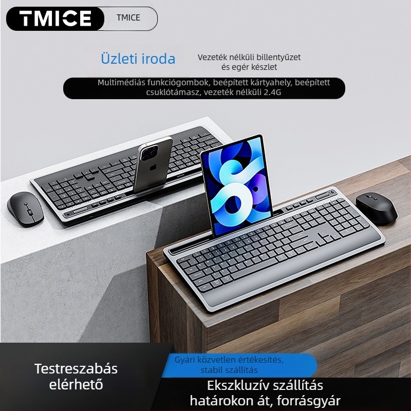 Csendes Bluetooth vezeték nélküli billentyűzet és egér készlet tablet-tartóval, ergonómikus tenyér-támasz, háttérvilágítás, DPI 800-2400; kompatibil Windows/macOS/iOS/Android