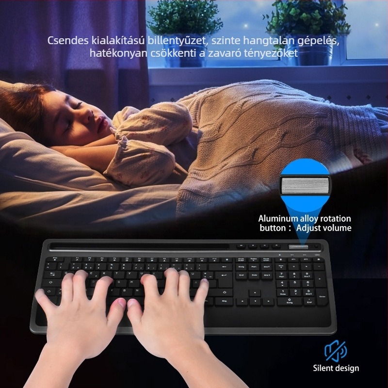 Csendes Bluetooth vezeték nélküli billentyűzet és egér készlet tablet-tartóval, ergonómikus tenyér-támasz, háttérvilágítás, DPI 800-2400; kompatibil Windows/macOS/iOS/Android