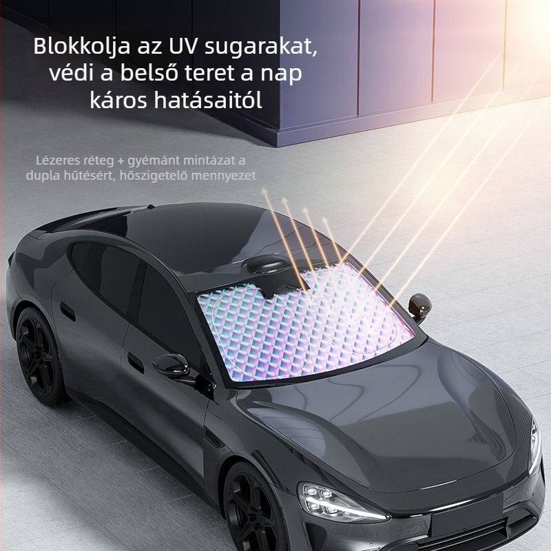 Autó első szélvédőjére napvédő roló, diamantszövet mintázatú lézer, hajtogatható alumíniumfólia, snap-in telepítés, univerzális használat, logó nyomtatási lehetőség