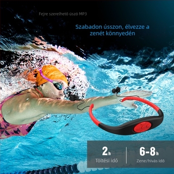 Fejre szerelhető vízálló MP3 lejátszó IPX8, Bluetooth, FM rádió, MP3/WMA lejátszás, 180mAh akkumulátor (kb. 8 óra)