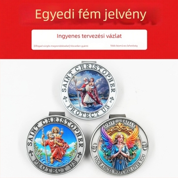 Autó napvédő klipe Szent Kristóf motívummal, cink ötvözet öntvény, testreszabható, snap-on rögzítés