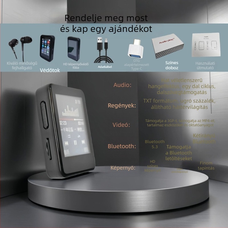 Könnyen hordozható MP3/MP4 lejátszó érintőképernyővel, Bluetooth, kompakt méret, angol hallgatási gyakorlására