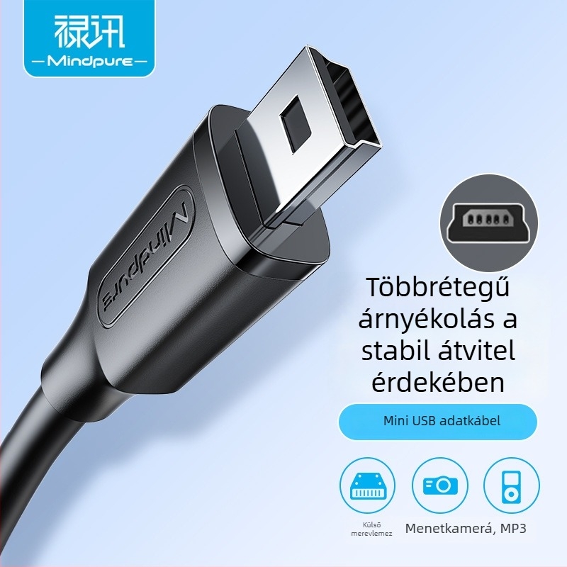 USB 2.0 adatkábel Mini 5-pinhez háromrétegű árnyékolással és aranyozott érintkezőkkel, hossz 1,5 m