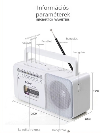 PX-680BT kazettás felvevő Bluetooth rádióval, több sávos, USB interfész, beépített hangszóró, felvétel