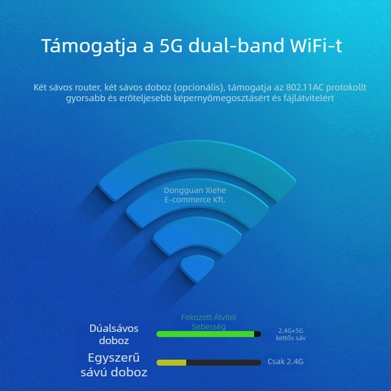 TV Box két- és egyfrekvenciás modelllekkel, 4K kimenet 3840x2160, memória 128 MB, HDMI ARC, Wi-Fi, súly 0,5 kg