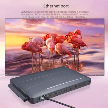 BW-8HFMEDIA 4K HDMI Android médialejátszó, 8GB RAM, 8GB tárhely, USB pendrive-támogatás, 8-portos HDMI elosztás