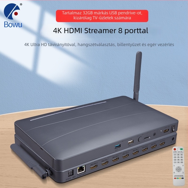 BW-8HFMEDIA 4K HDMI Android médialejátszó, 8GB RAM, 8GB tárhely, USB pendrive-támogatás, 8-portos HDMI elosztás