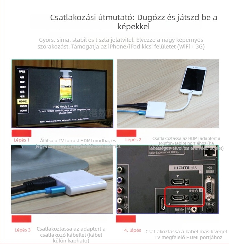 bkscy MD1 Lightning–HDMI adapter Apple iPad/iPhone‑hoz – HDMI kimenet, importált chip, 20 cm-es kábel, adatátviteli sebesség 100