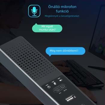 USB mikrofon és hub-kialakítású PC hangszórók, mikrofon bemenet 1–3, 2.1 csatornás audio, MP3 lejátszás, TF-kártya támogatás, 110V bemenet