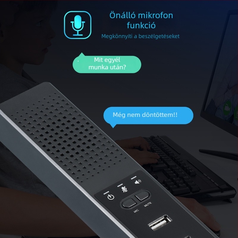USB mikrofon és hub-kialakítású PC hangszórók, mikrofon bemenet 1–3, 2.1 csatornás audio, MP3 lejátszás, TF-kártya támogatás, 110V bemenet
