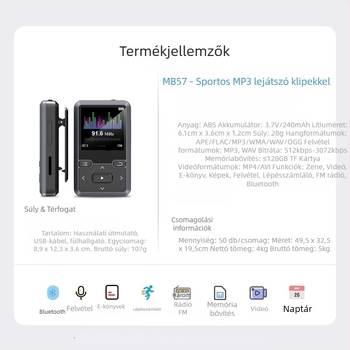 MB57 mini Bluetooth MP3 lejátszó, clipes dizájn, 1,5 hüvelykes mono kijelző, TF kártya bővítés, USB 2.0, MP3/WMA/WAV/OGG/FLAC/APE