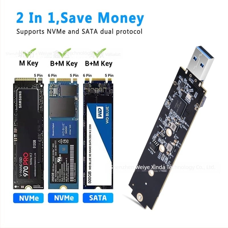Yesunion M2008 M.2 NVMe PCIe USB 3.2 Gen 2 Type-A adapter, RTL9210B vezérlő, plug-in kártya, 2 TB-ig támogatás
