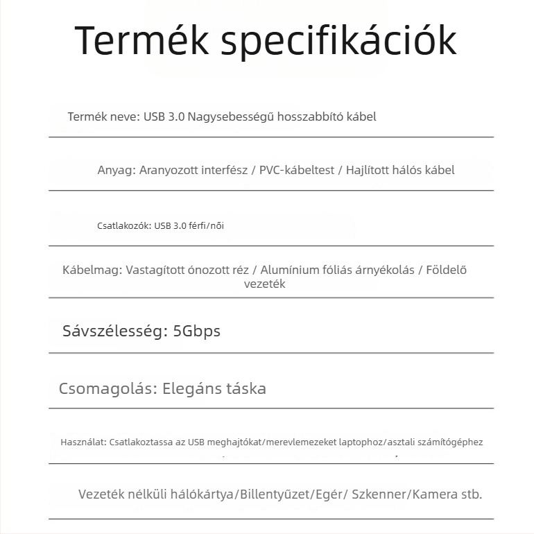 USB 3.0 hosszabbító kábel, férfi–női, aranyozott alumínium ház, 0,5 m