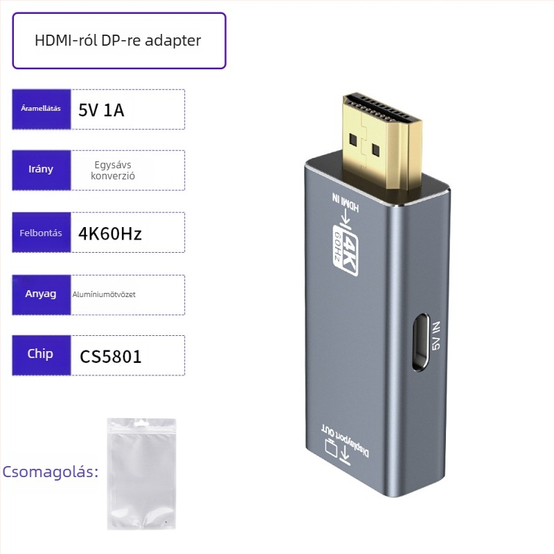 HDMI–DP adapter 4K60Hz CS5801 rézmaggal
