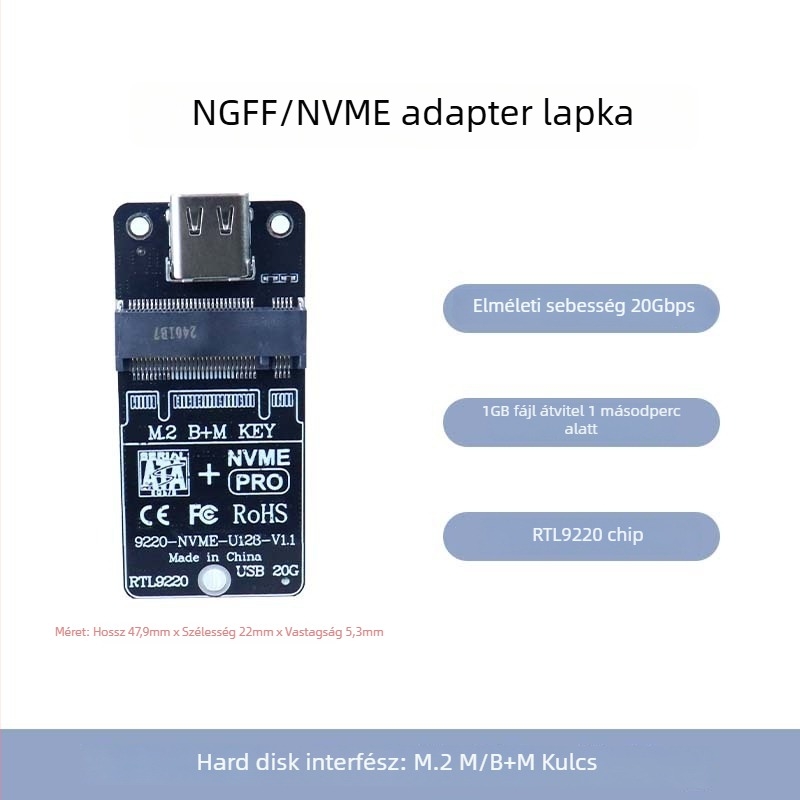 M.2 SSD adapterkártya 9220 chip, USB 3.0 interfész, 20 Gbps átviteli sebesség, modell 9220-U128