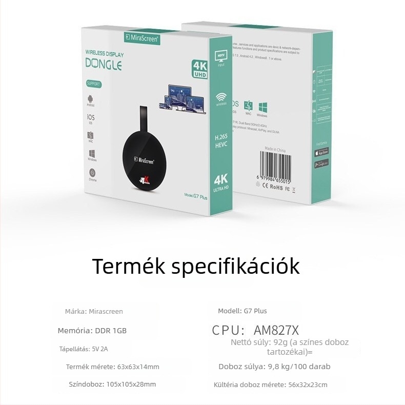 G7 Plus Vezeték nélküli HDMI képernyő-tükröző vevő, Wi‑Fi 2.4G/5G, HDMI kimenet 1080p (1920x1080), AM8272 processzor, 2GB RAM, Windows‑kompatibilis
