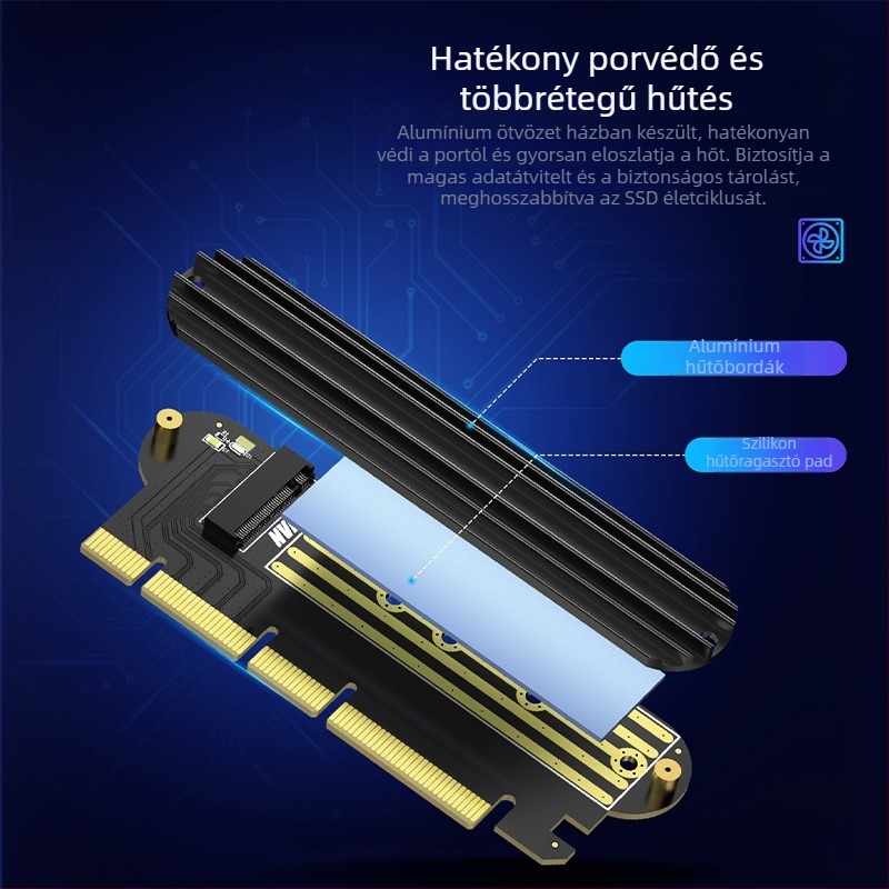 NVMe PCIe bővítőkártya asztali számítógépekhez – 3.0/4.0-tól M.2-ig adapter, PCIe interfész, 64Gbps átviteli sebesség, modell NV1P