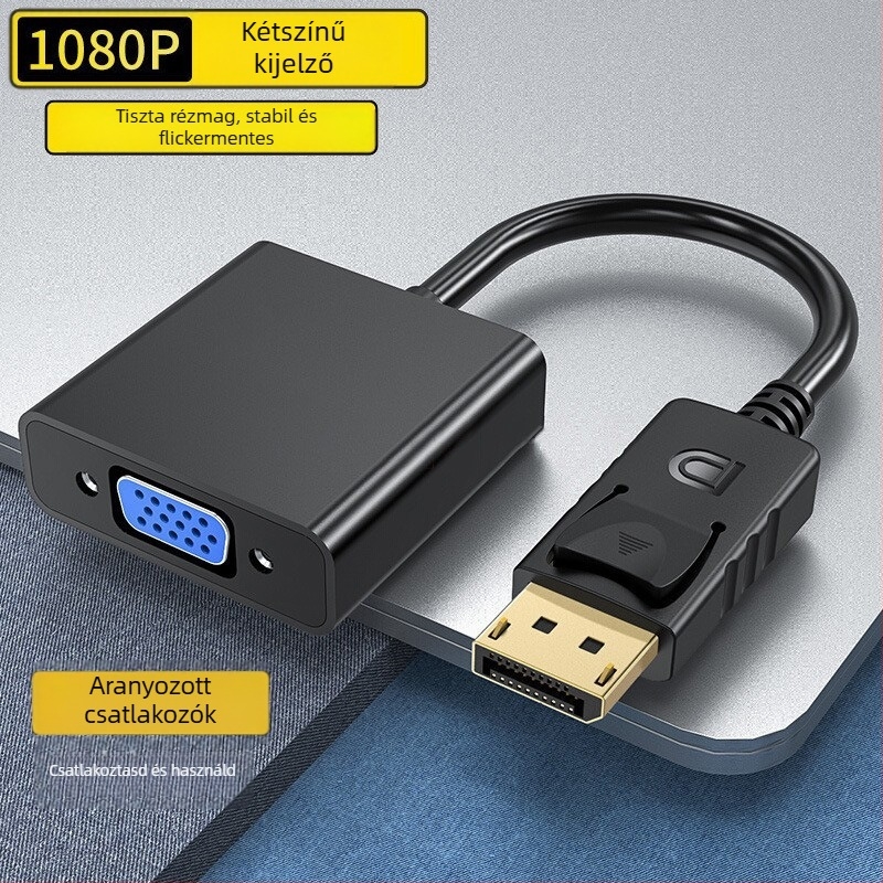 DP–to–VGA adapterkábel rézmaggal és kiváló minőségű chippel, adatátvitel sebesség 10