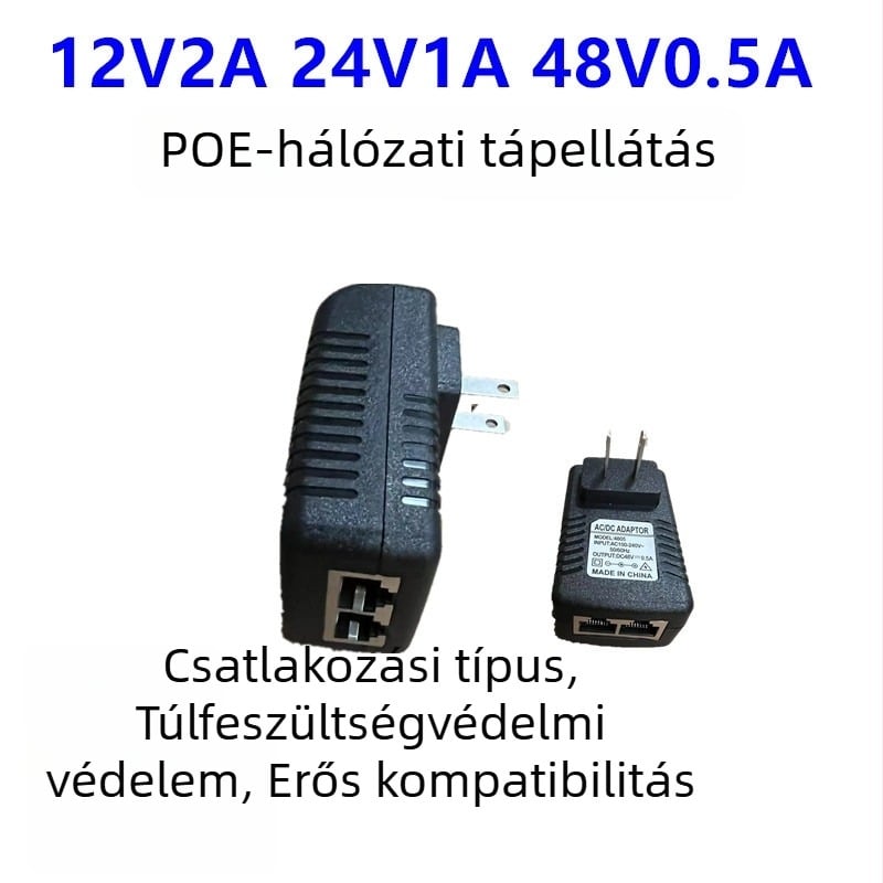 POE hálózati eszközökhöz választható kimenetek: 12V/15V/24V 1A-ig és 48V 0,5A-ig; alkalmas set-top boxokhoz, switchekhez és megfigyelő kamerákhoz.