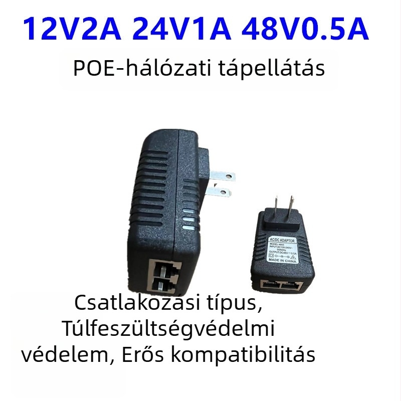 POE hálózati eszközökhöz választható kimenetek: 12V/15V/24V 1A-ig és 48V 0,5A-ig; alkalmas set-top boxokhoz, switchekhez és megfigyelő kamerákhoz.