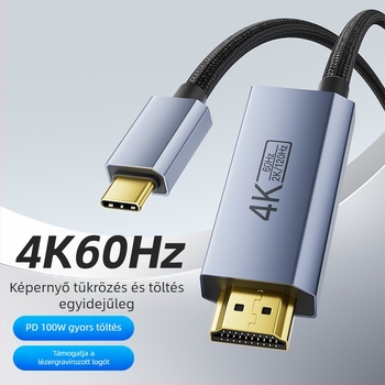 Type-C to HDMI kábel PD-tápellátással, támogatja a 4K/60Hz és a 2K/120Hz felbontásokat, CS5366 chip