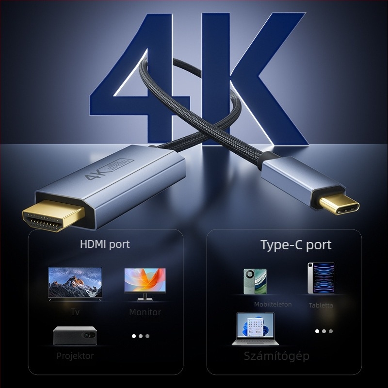 Type-C to HDMI kábel PD-tápellátással, támogatja a 4K/60Hz és a 2K/120Hz felbontásokat, CS5366 chip