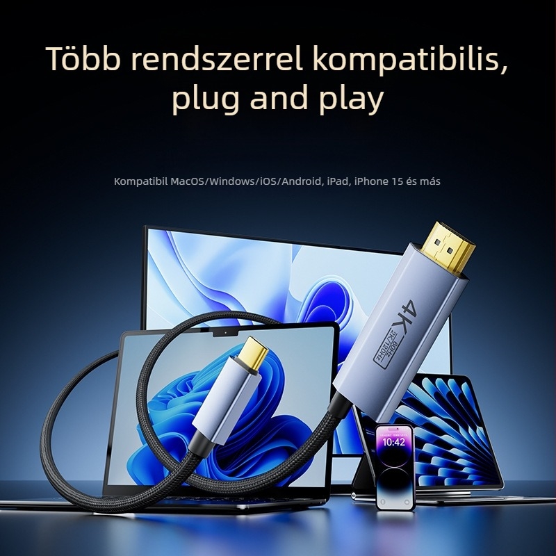 Type-C to HDMI kábel PD-tápellátással, támogatja a 4K/60Hz és a 2K/120Hz felbontásokat, CS5366 chip